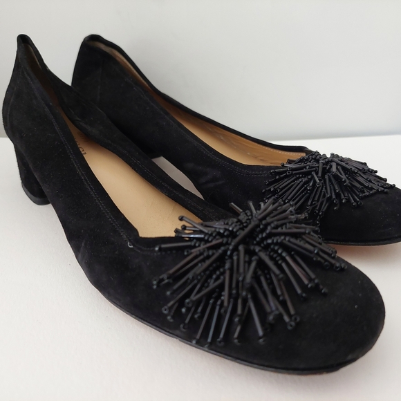 Sesto Meucci Flynn Black Suede Pump Beaded Pom-pom Toe Detail Size 8.5 - Picture 2 of 7